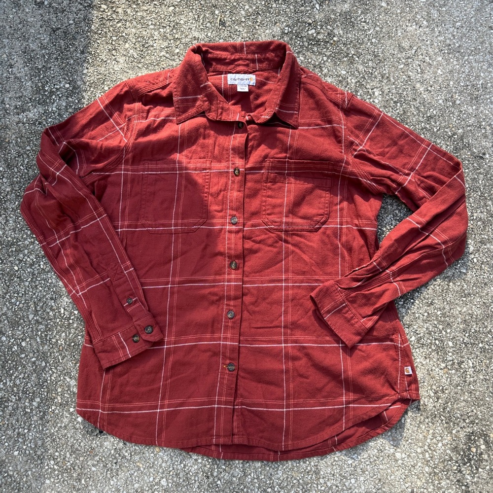 Carhartt Womens Plaid Flannel Button Down Shirt Red Windowpane Large 12-14